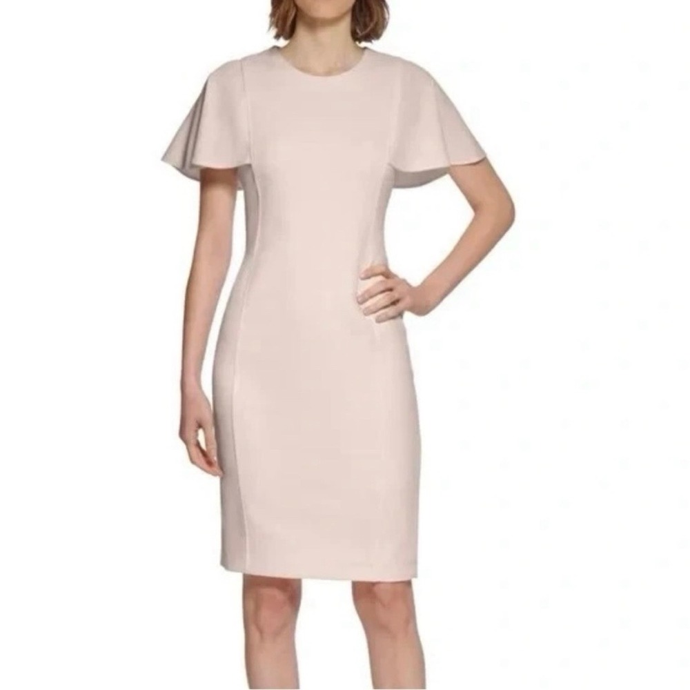 Calvin Klein Beige Flutter Sleeve Capelet Cape V Back Sheath Dress‎ Size 8